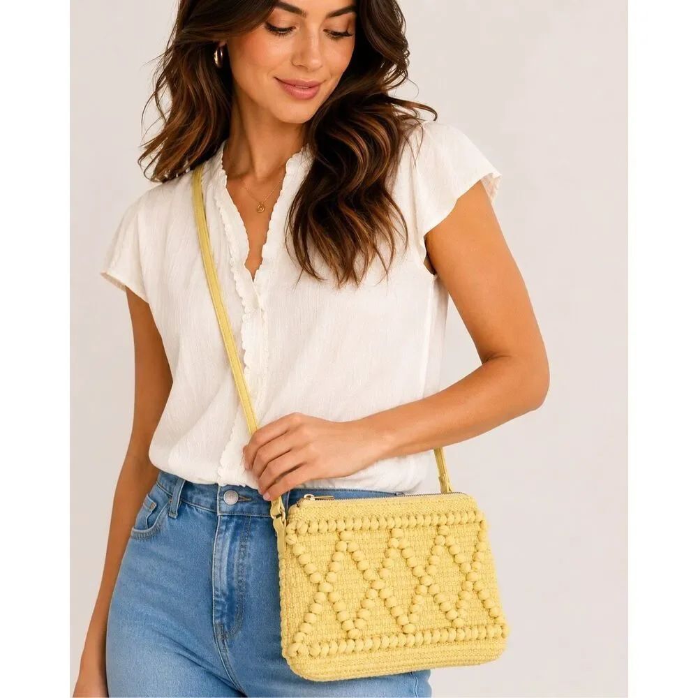 H&M Boho Yellow Textured Woven Crossbody Bag Top Zip Purse NWT